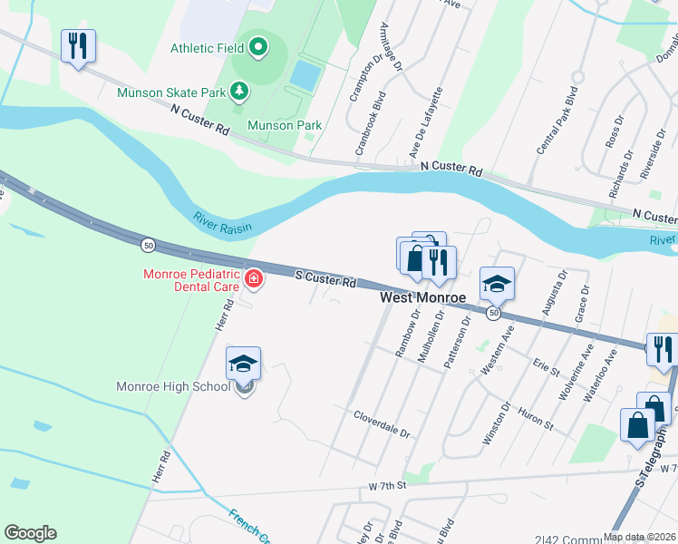 map of restaurants, bars, coffee shops, grocery stores, and more near 2221 South Custer Road in Monroe