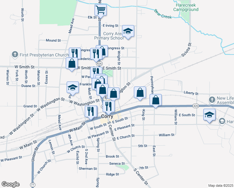 map of restaurants, bars, coffee shops, grocery stores, and more near 205 East Washington Street in Corry