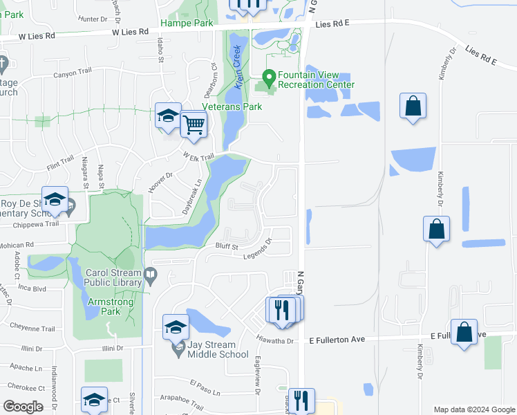 map of restaurants, bars, coffee shops, grocery stores, and more near 735 Bluff Street in Carol Stream