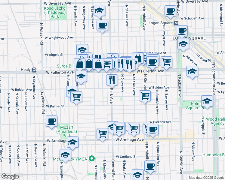 map of restaurants, bars, coffee shops, grocery stores, and more near 2234 North Central Park Avenue in Chicago