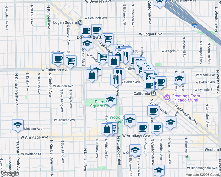 map of restaurants, bars, coffee shops, grocery stores, and more near 3031 West Lyndale Street in Chicago