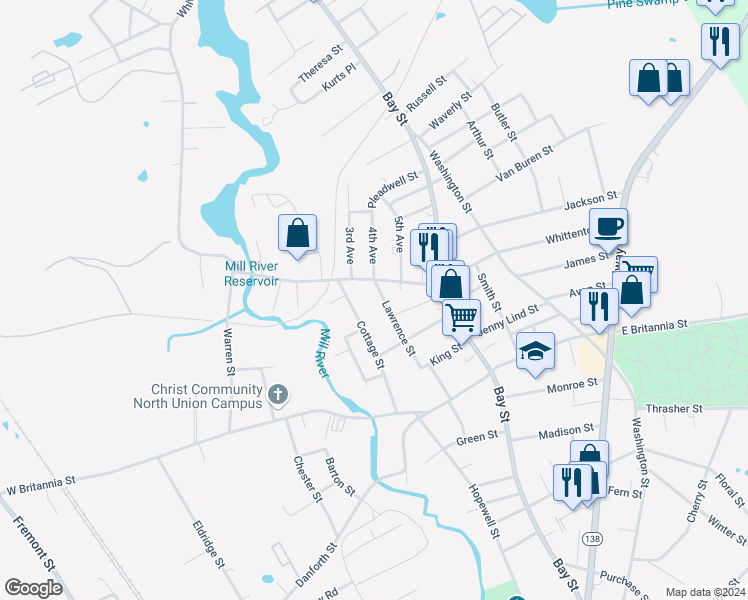map of restaurants, bars, coffee shops, grocery stores, and more near 39 Cottage Street in Taunton