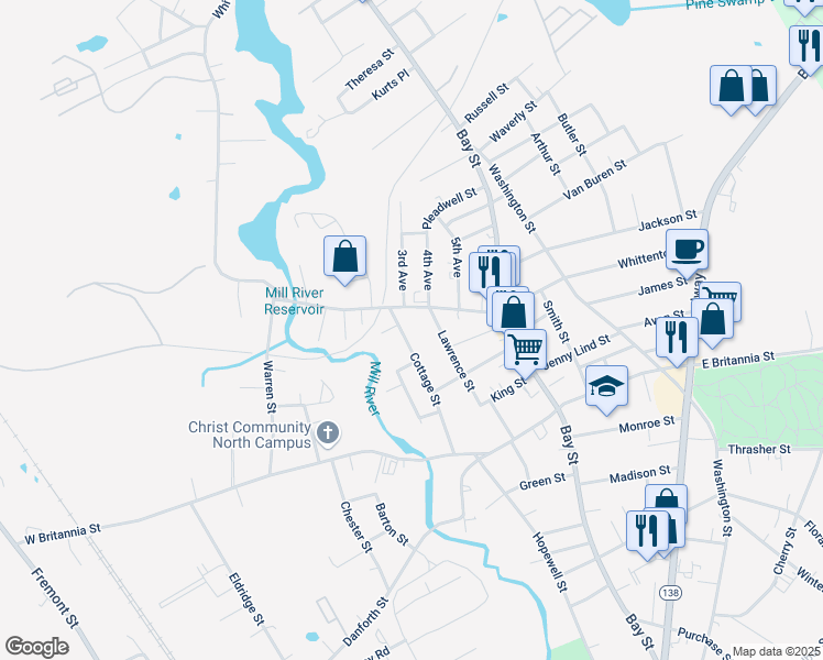 map of restaurants, bars, coffee shops, grocery stores, and more near 39 Cottage Street in Taunton