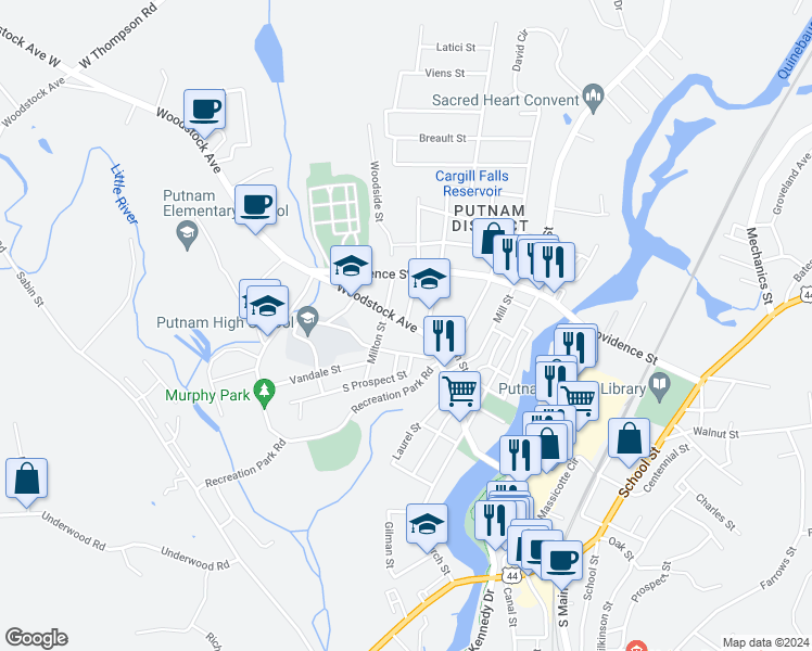 map of restaurants, bars, coffee shops, grocery stores, and more near 2 Roosevelt Street in Putnam