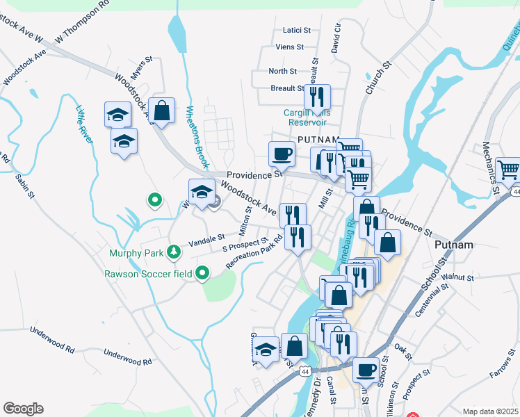 map of restaurants, bars, coffee shops, grocery stores, and more near 2 Roosevelt Street in Putnam