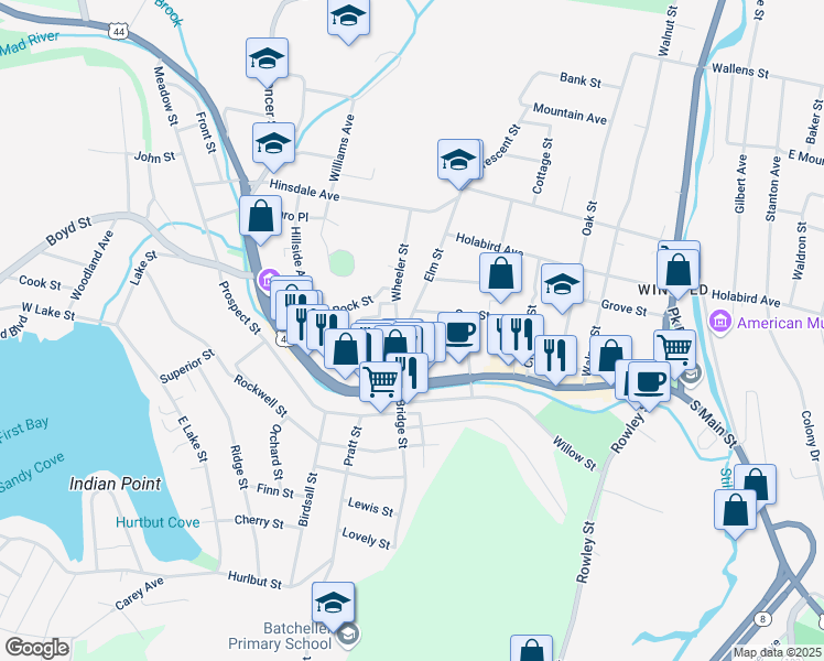 map of restaurants, bars, coffee shops, grocery stores, and more near 33 Center Street in Winsted