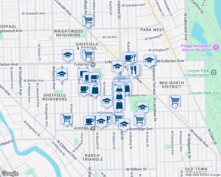 map of restaurants, bars, coffee shops, grocery stores, and more near 822 West Webster Avenue in Chicago