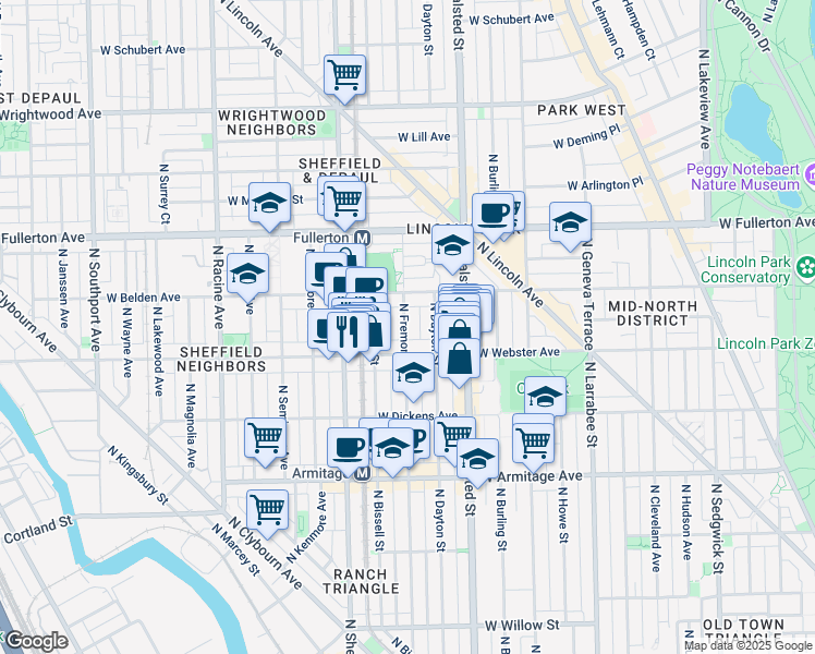map of restaurants, bars, coffee shops, grocery stores, and more near 2200 North Fremont Street in Chicago