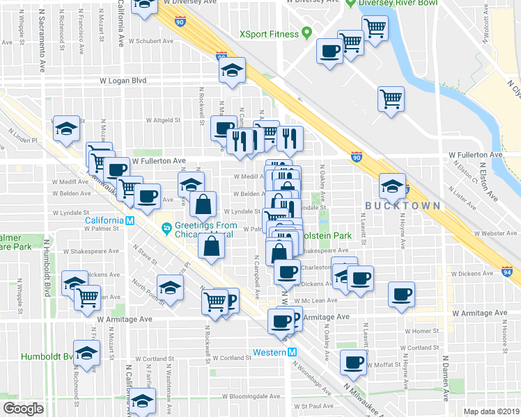 map of restaurants, bars, coffee shops, grocery stores, and more near 2424 West Palmer Street in Chicago