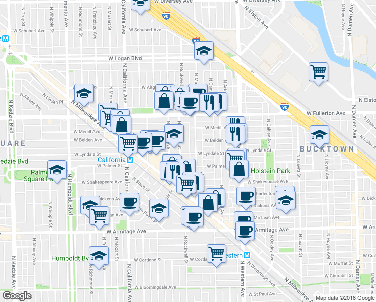 map of restaurants, bars, coffee shops, grocery stores, and more near 2208 North Maplewood Avenue in Chicago