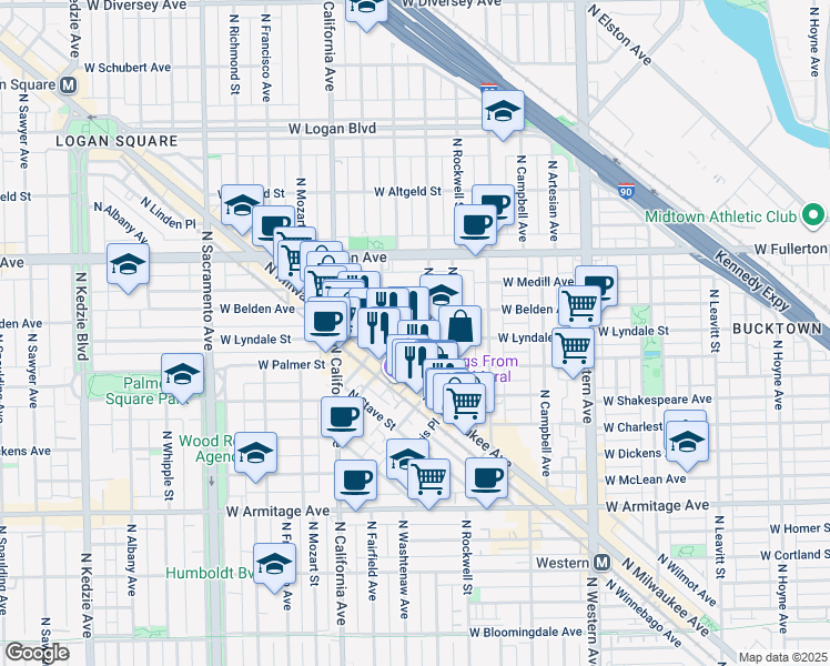 map of restaurants, bars, coffee shops, grocery stores, and more near 2249 North Milwaukee Avenue in Chicago