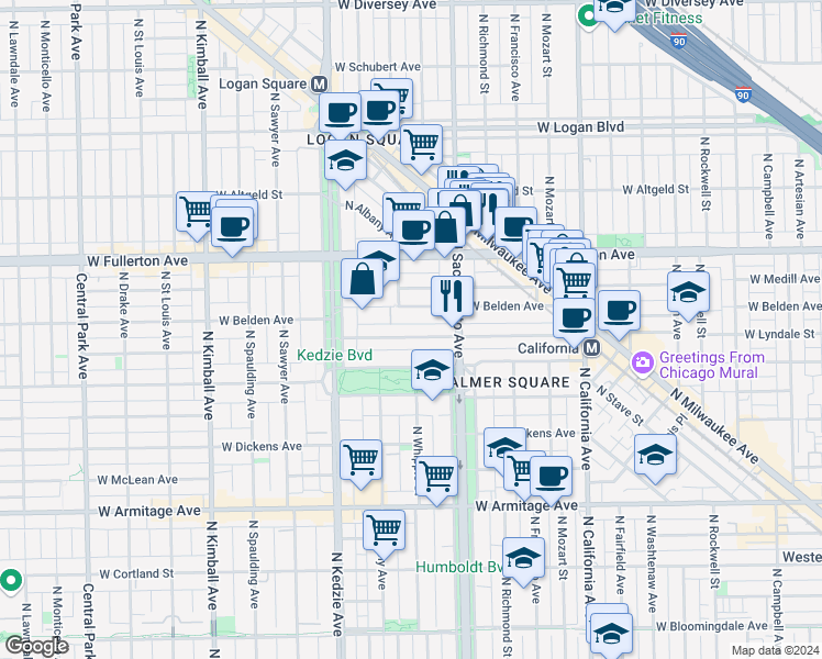 map of restaurants, bars, coffee shops, grocery stores, and more near 3031 West Lyndale Street in Chicago