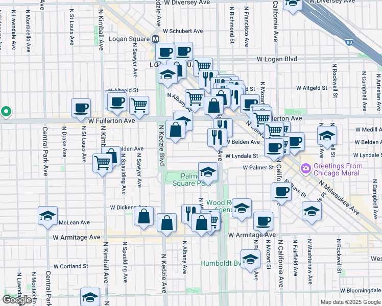 map of restaurants, bars, coffee shops, grocery stores, and more near 3113 West Lyndale Street in Chicago