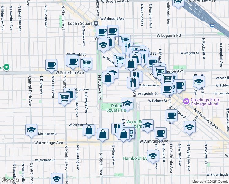 map of restaurants, bars, coffee shops, grocery stores, and more near 3113 West Lyndale Street in Chicago