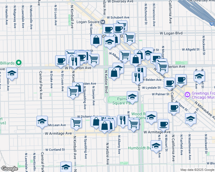 map of restaurants, bars, coffee shops, grocery stores, and more near 2233 North Kedzie Boulevard in Chicago