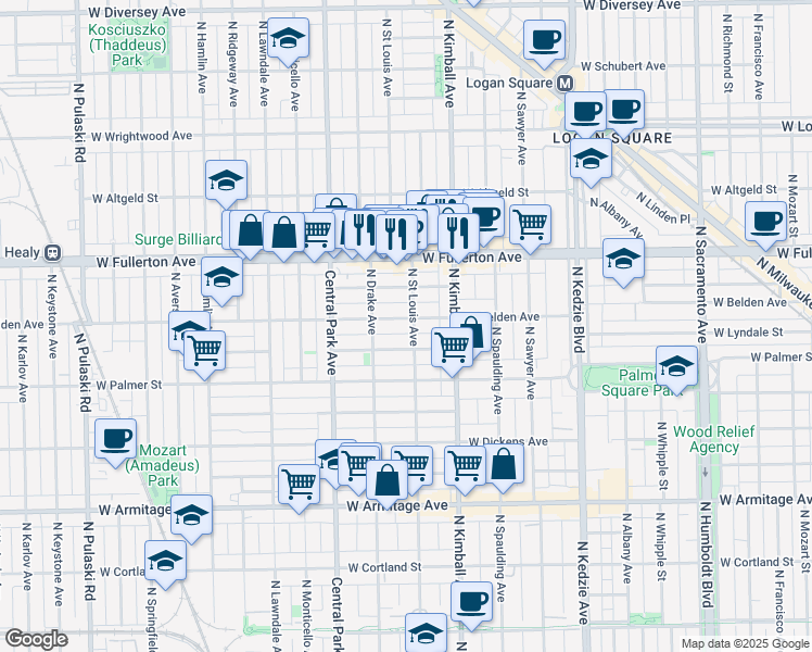 map of restaurants, bars, coffee shops, grocery stores, and more near 3504 West Lyndale Street in Chicago