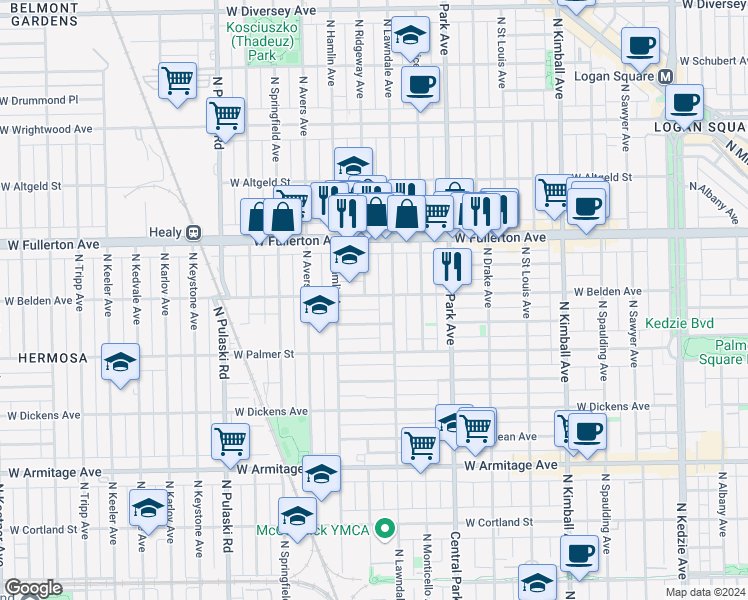 map of restaurants, bars, coffee shops, grocery stores, and more near 3714 West Lyndale Street in Chicago