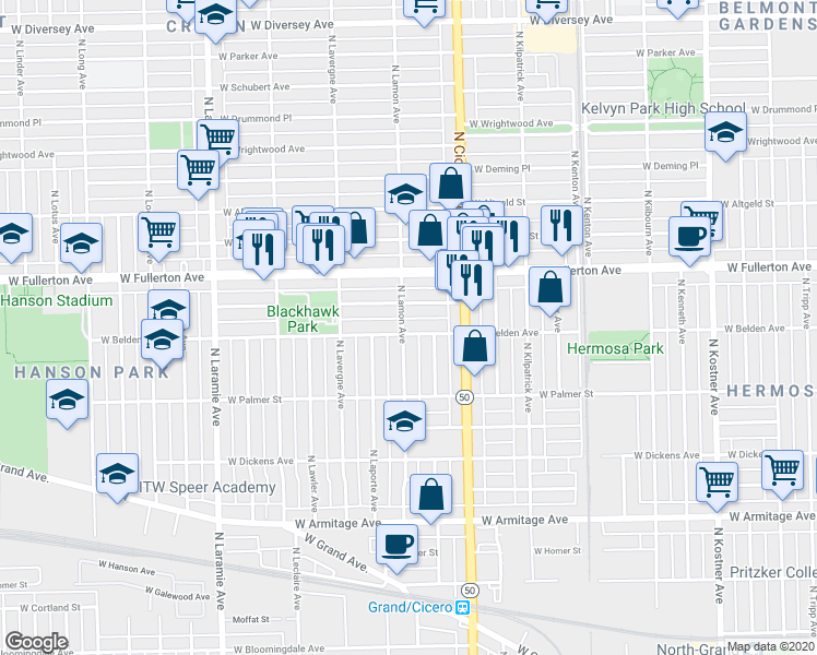 map of restaurants, bars, coffee shops, grocery stores, and more near 2249 North Lamon Avenue in Chicago