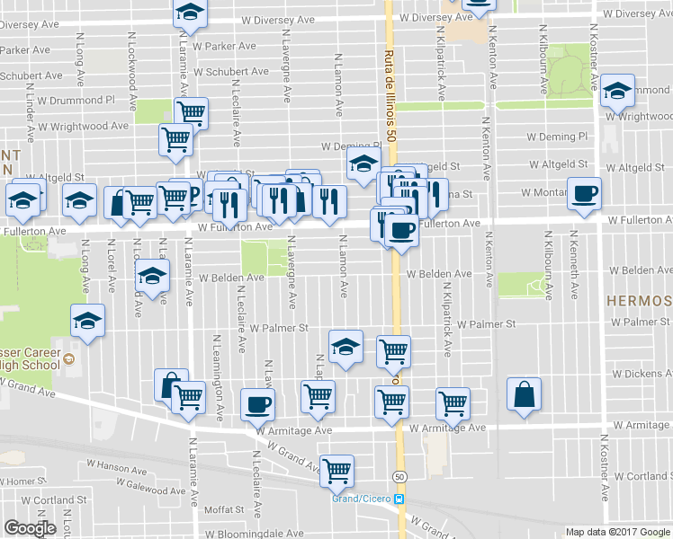 map of restaurants, bars, coffee shops, grocery stores, and more near 2249 North Lamon Avenue in Chicago