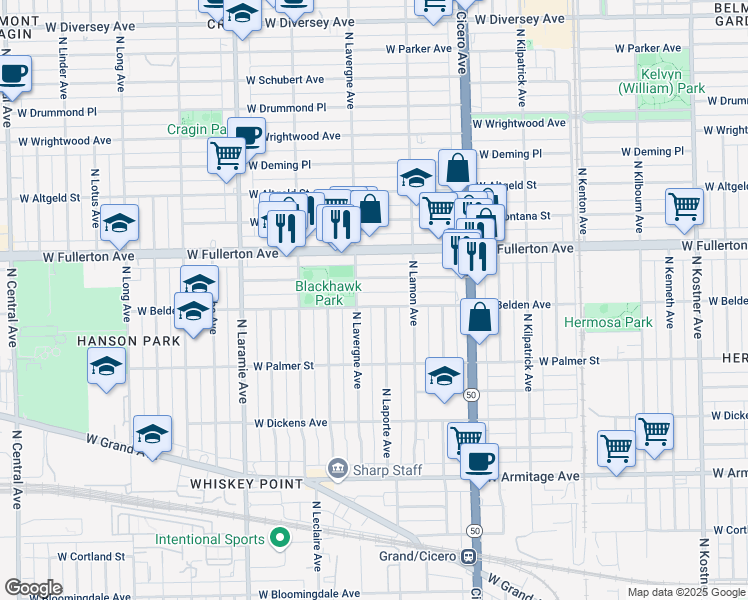 map of restaurants, bars, coffee shops, grocery stores, and more near 2246 North Laporte Avenue in Chicago