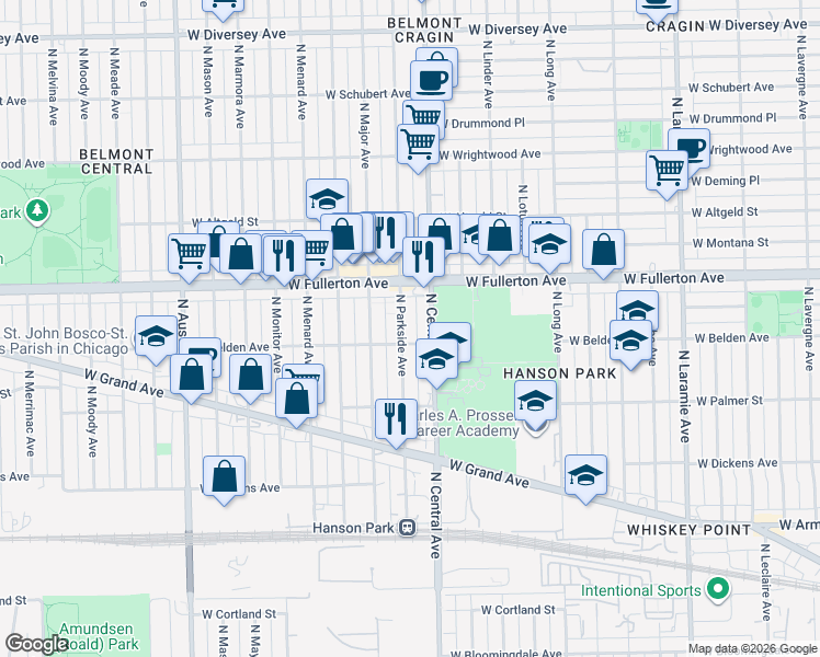 map of restaurants, bars, coffee shops, grocery stores, and more near 2258 North Central Avenue in Chicago