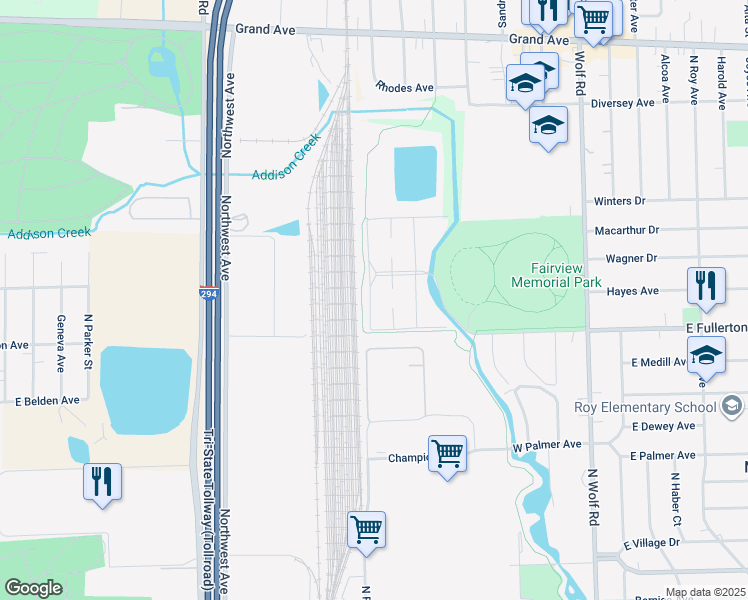 map of restaurants, bars, coffee shops, grocery stores, and more near 25 North King Arthur Court in Northlake