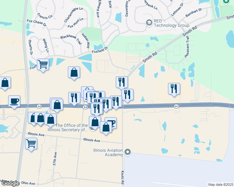 map of restaurants, bars, coffee shops, grocery stores, and more near 125 Smith Road in St. Charles