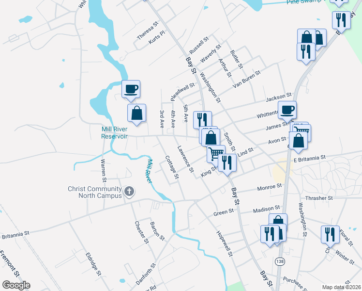 map of restaurants, bars, coffee shops, grocery stores, and more near 16 Lawrence Street in Taunton