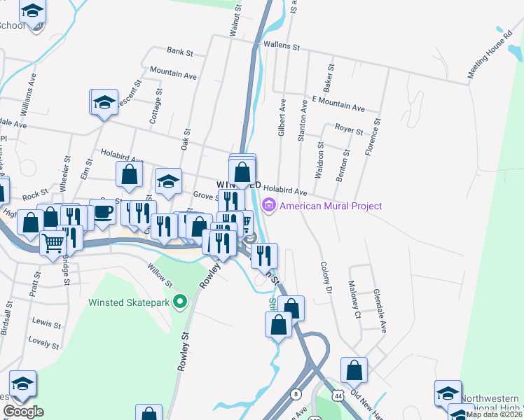 map of restaurants, bars, coffee shops, grocery stores, and more near 74 Whiting Street in Winsted