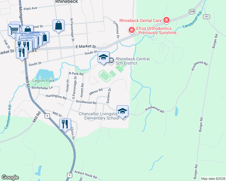 map of restaurants, bars, coffee shops, grocery stores, and more near 5 Somers Drive in Rhinebeck
