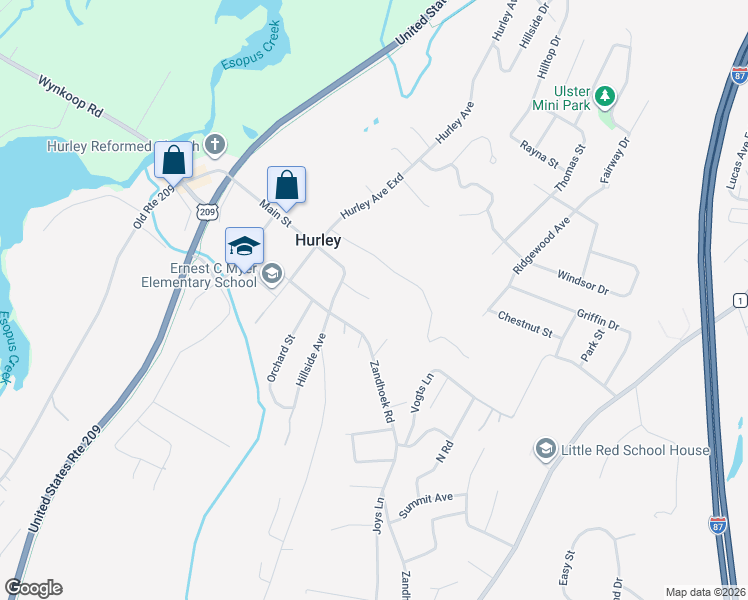 map of restaurants, bars, coffee shops, grocery stores, and more near 61-67 County Road 28 in Hurley