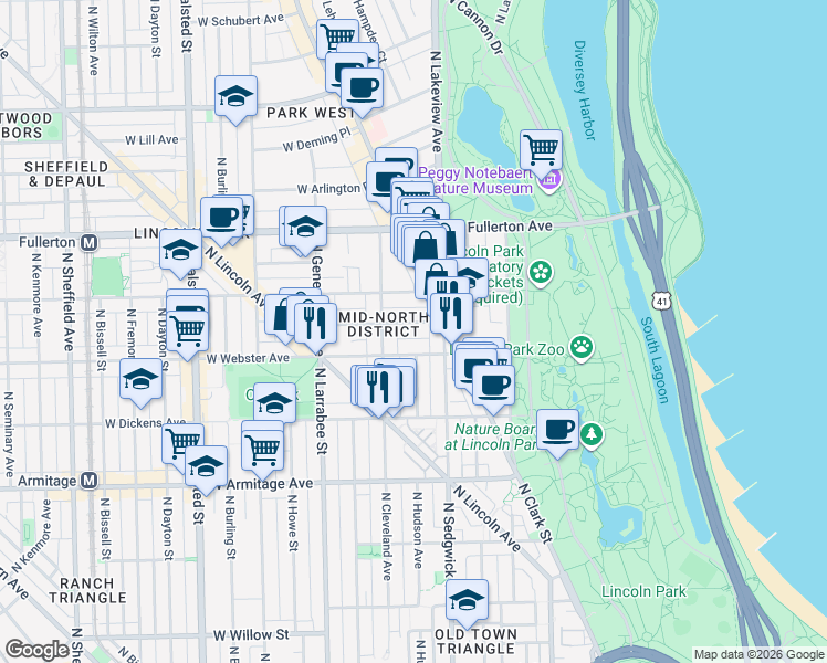 map of restaurants, bars, coffee shops, grocery stores, and more near 440 West Webster Avenue in Chicago