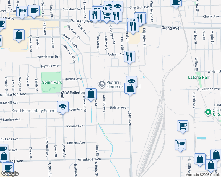 map of restaurants, bars, coffee shops, grocery stores, and more near 9675 West Fullerton Avenue in Melrose Park