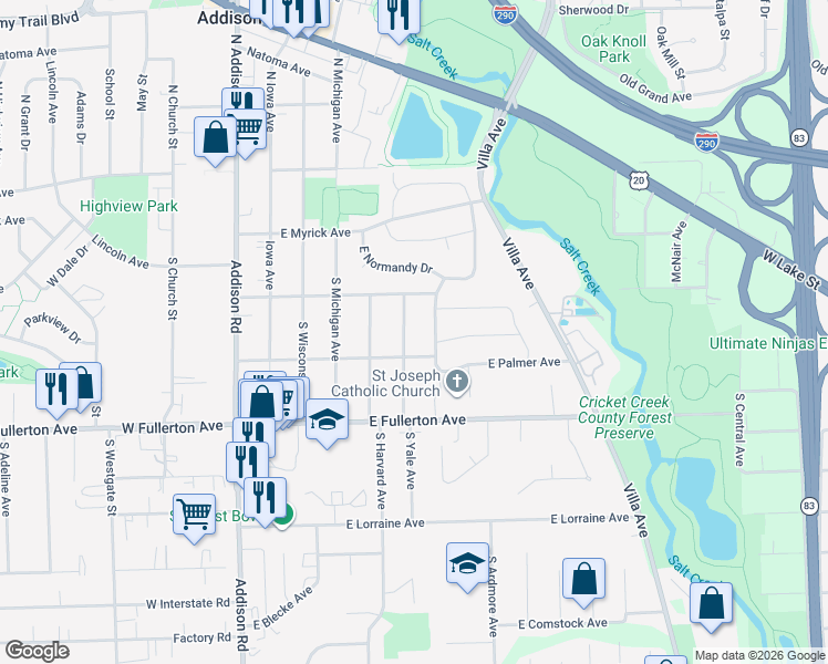 map of restaurants, bars, coffee shops, grocery stores, and more near 244 South Yale Avenue in Addison