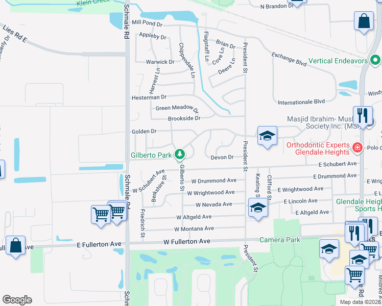 map of restaurants, bars, coffee shops, grocery stores, and more near 84 West Schubert Avenue in Glendale Heights