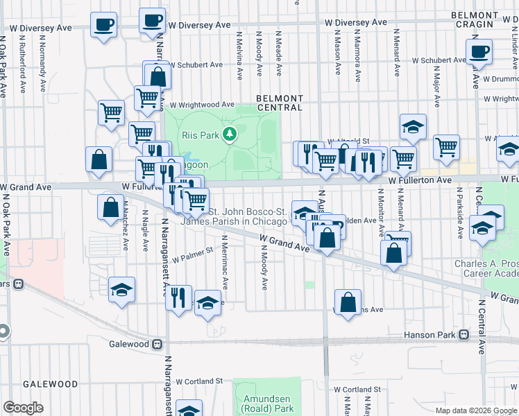 map of restaurants, bars, coffee shops, grocery stores, and more near 2334 North Moody Avenue in Chicago
