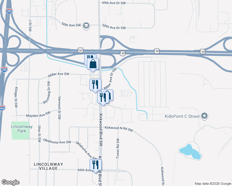 map of restaurants, bars, coffee shops, grocery stores, and more near 5455 Kirkwood Boulevard Southwest in Cedar Rapids