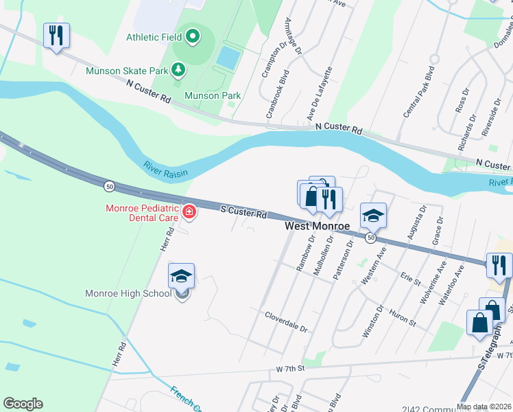 map of restaurants, bars, coffee shops, grocery stores, and more near 2221 South Custer Road in Monroe