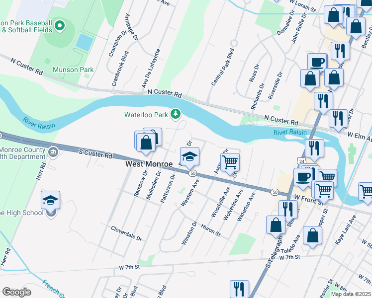 map of restaurants, bars, coffee shops, grocery stores, and more near 534 Bellestri Drive in Monroe