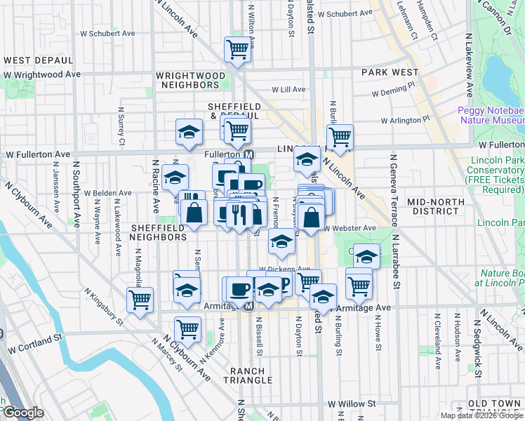 map of restaurants, bars, coffee shops, grocery stores, and more near 2231 North Bissell Street in Chicago