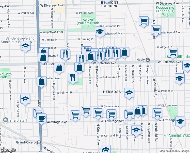 map of restaurants, bars, coffee shops, grocery stores, and more near 2242 North Kostner Avenue in Chicago