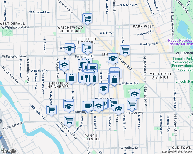 map of restaurants, bars, coffee shops, grocery stores, and more near 940 West Webster Avenue in Chicago
