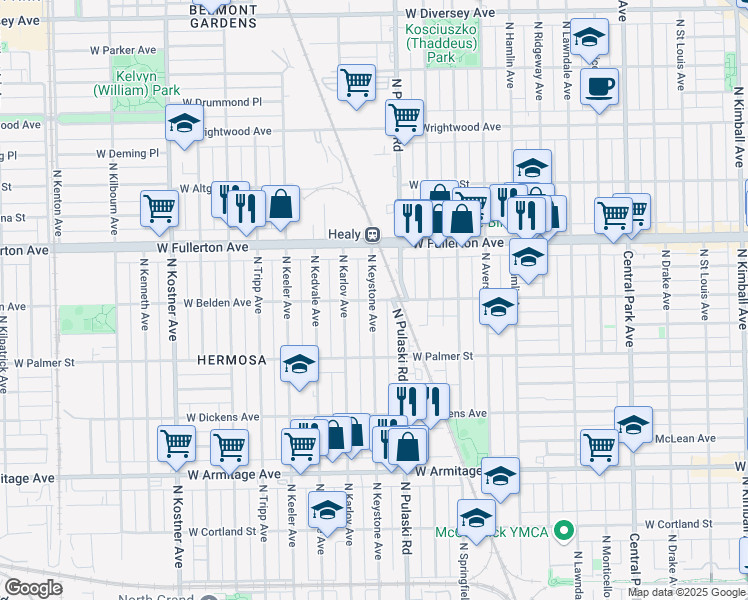 map of restaurants, bars, coffee shops, grocery stores, and more near 2301 North Keystone Avenue in Chicago