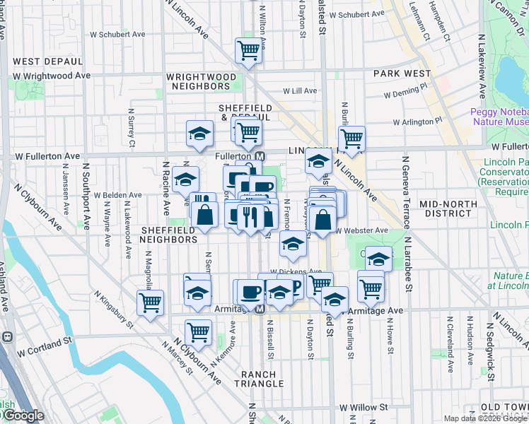 map of restaurants, bars, coffee shops, grocery stores, and more near 940 West Webster Avenue in Chicago