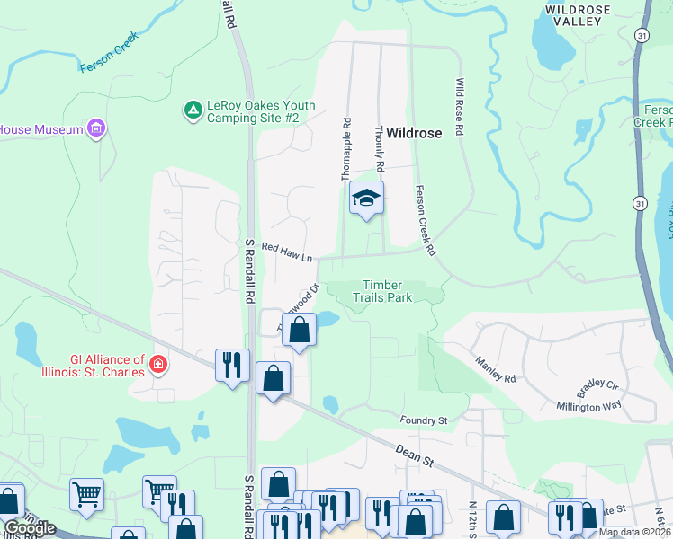 map of restaurants, bars, coffee shops, grocery stores, and more near 916 Thornwood Drive in St. Charles