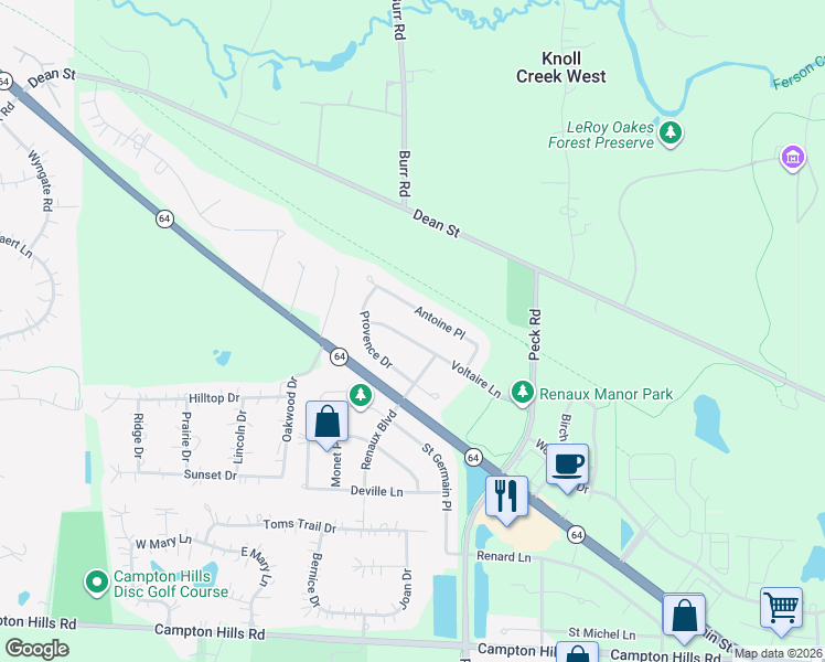 map of restaurants, bars, coffee shops, grocery stores, and more near 3518 Voltaire Lane in St. Charles