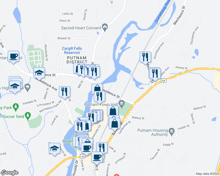 map of restaurants, bars, coffee shops, grocery stores, and more near 15 Mohegan Street in Putnam