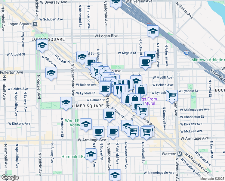 map of restaurants, bars, coffee shops, grocery stores, and more near 2733 West Belden Avenue in Chicago