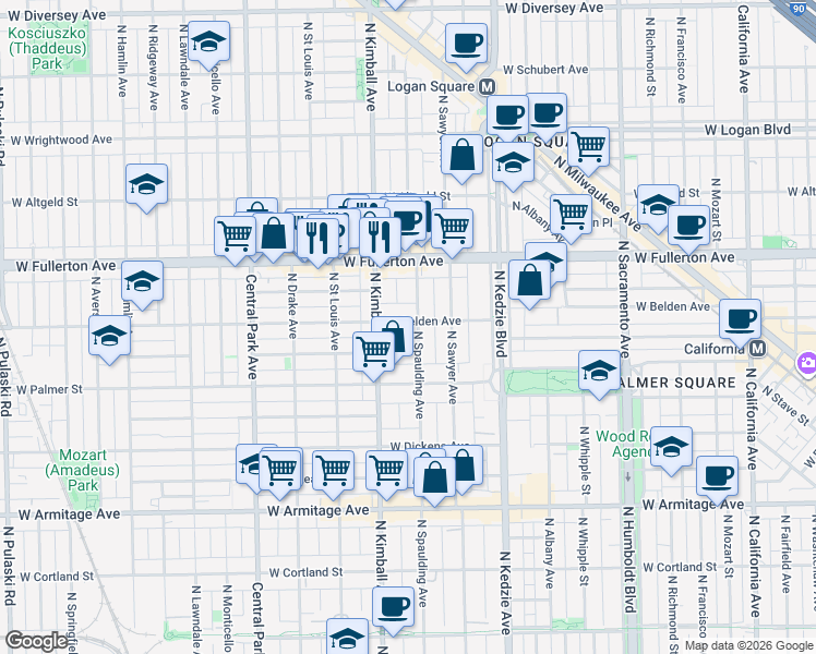 map of restaurants, bars, coffee shops, grocery stores, and more near 3307 West Belden Avenue in Chicago