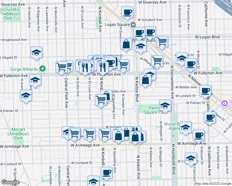 map of restaurants, bars, coffee shops, grocery stores, and more near 2253 North Spaulding Avenue in Chicago